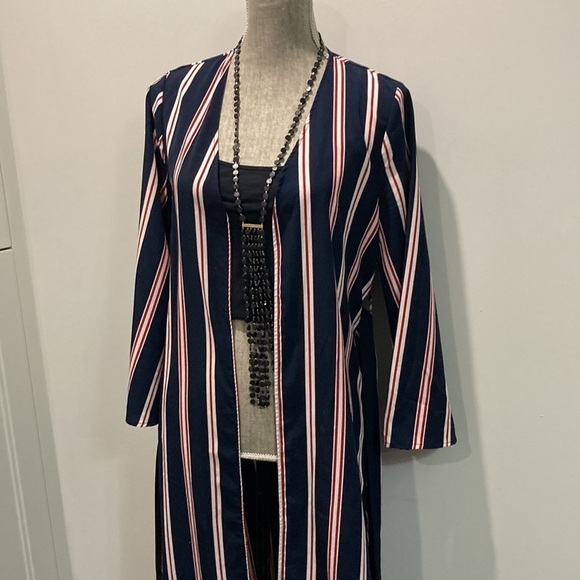BLEUH Ciel Blue & Red Striped Duster Jacket Medium - Picture 7 of 16